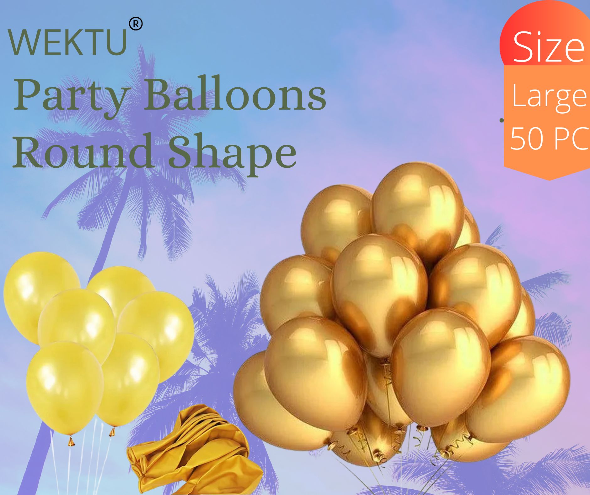 Wektu Party Balloons Round Shape - Gold - 50 PC - Large Size