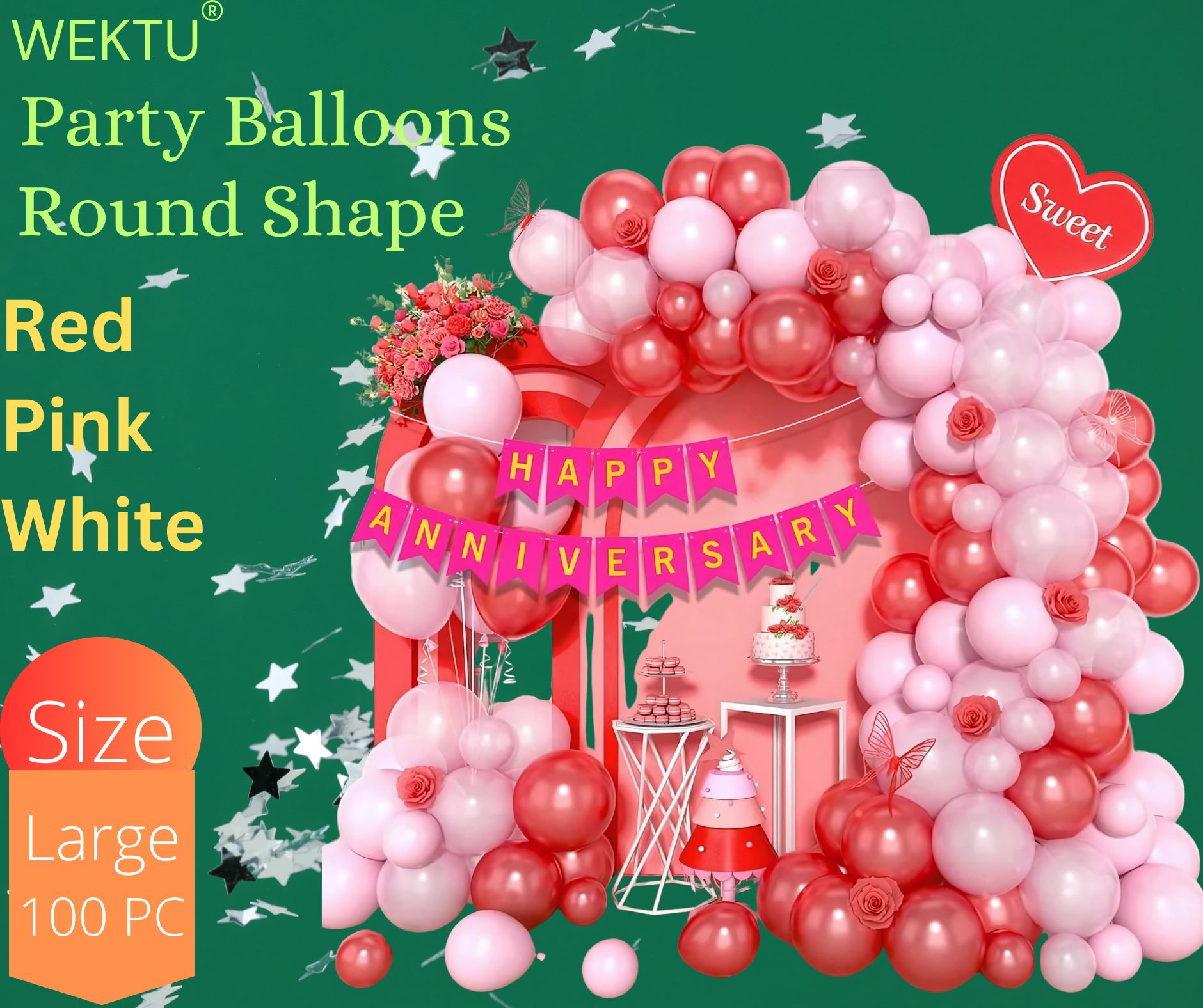 WEKTU Party Balloons - Red Pink White Round Shape Anniversary