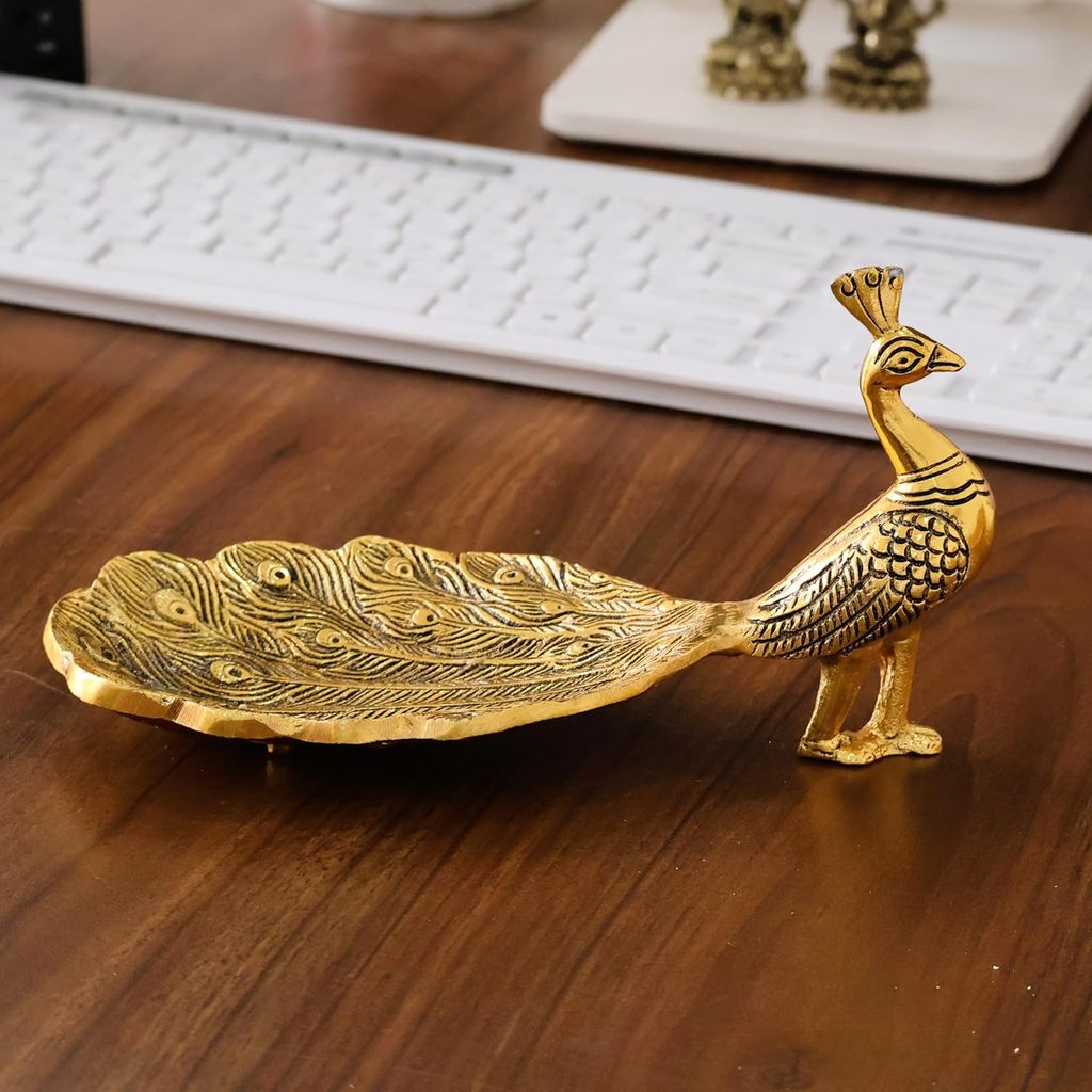 Hand Crafted Golden Metal Peacock Wing Shape Tray Perfect for Home Centre Table Serving Dry Fruits-9 Inch