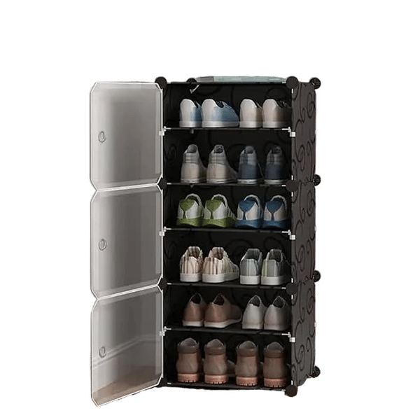 𝟔 𝐒𝐡𝐞𝐥𝐟 DIY Shoe Rack Box Organizer | Multi-Purpose Plastic Shoe Rack for Home | Home Storage Shoe Rack with Door for Entryway, Chappal Slipper Sandals Shoe Stand【Black, 6-Shelf-3-Door】