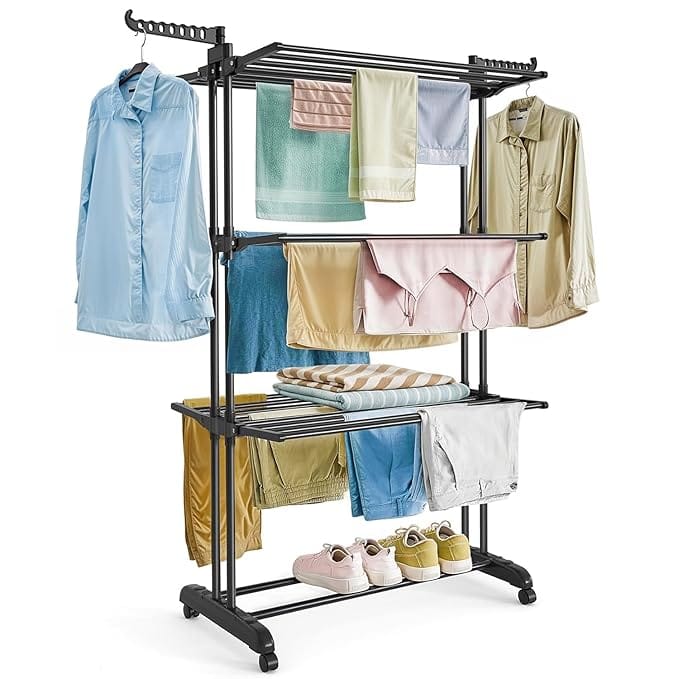 5.5 ft Clothes Drying Stand - 3 Layer Foldable Cloth Dryer Stand, Portable with Castor Wheels, 24 Hanger Rods & 2 Wings - Anti Rust Steel Double Pole (Black - L 75 x B 50 x H 168 cm)