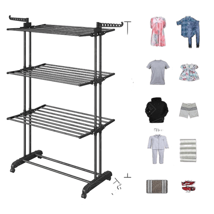 5.5 ft Clothes Drying Stand - 3 Layer Foldable Cloth Dryer Stand, Portable with Castor Wheels, 24 Hanger Rods & 2 Wings - Anti Rust Steel Double Pole (Black - L 75 x B 50 x H 168 cm)