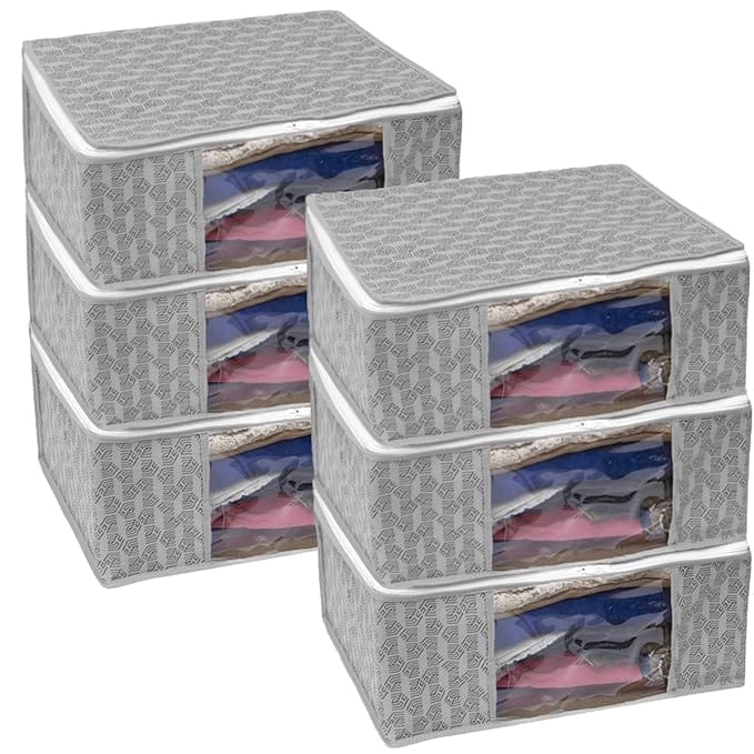 Set of 6 Non-Woven Printed Saree Cover/Cloth Storage/Wardrobe Organizer For Clothes with Transparent Window (Grey)(Shark Tank Featured) 45cmx33cmx22cm