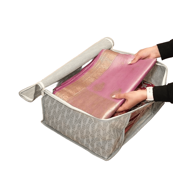 Set of 6 Non-Woven Printed Saree Cover/Cloth Storage/Wardrobe Organizer For Clothes with Transparent Window (Grey)(Shark Tank Featured) 45cmx33cmx22cm