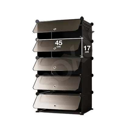 𝟓 𝐒𝐡𝐞𝐥𝐟 Shoe Rack with Door 𝐌𝐚𝐠𝐧𝐞𝐭𝐬 & 5 𝐇𝐨𝐨𝐤 𝐒𝐭𝐞𝐞𝐥 𝐇𝐨𝐥𝐝𝐞𝐫 for Home Storage PP Plastic Box Organizer with Metal Door Frame, Chappal Slipper Sandals Stand (Black)