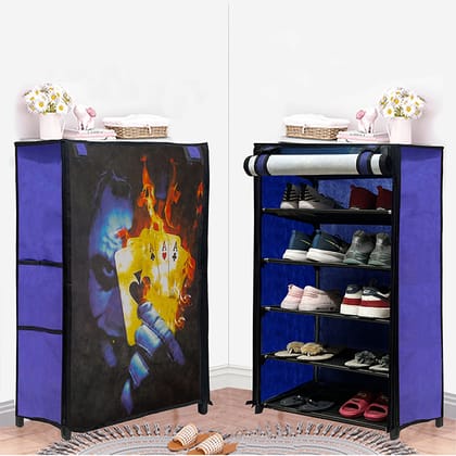 Philoshop 5-Sheleves Durable Metal Frame Modular Shoe Rack with 100 GSM Fabric in Blue Unique Joker Print
