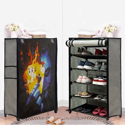 PHILOSHOP 5-Sheleves Durable Metal Frame Modular Shoe Rack with 100 GSM Fabric in Grey Unique Joker Print