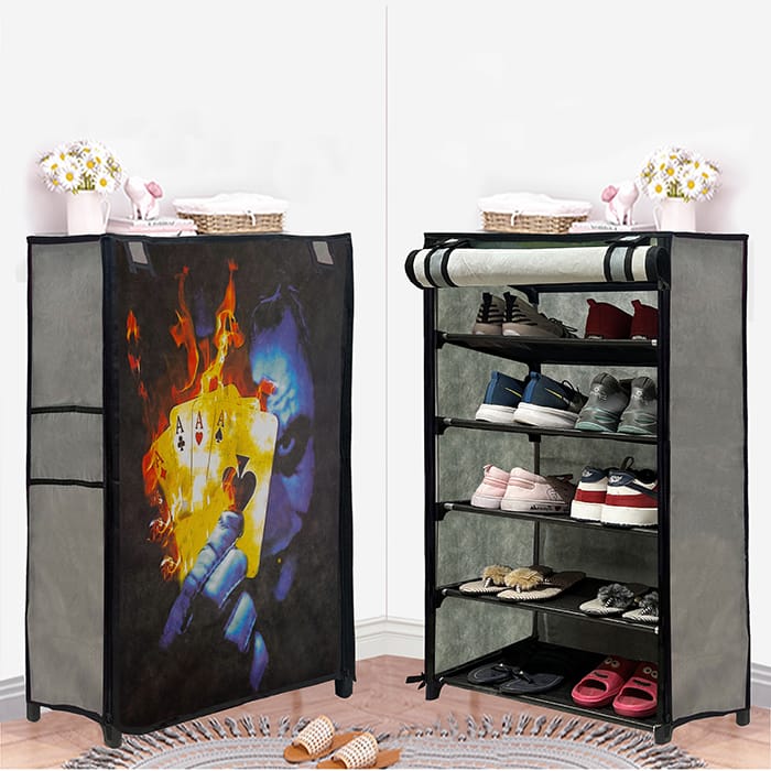 PHILOSHOP 5-Sheleves Durable Metal Frame Modular Shoe Rack with 100 GSM Fabric in Grey Unique Joker Print
