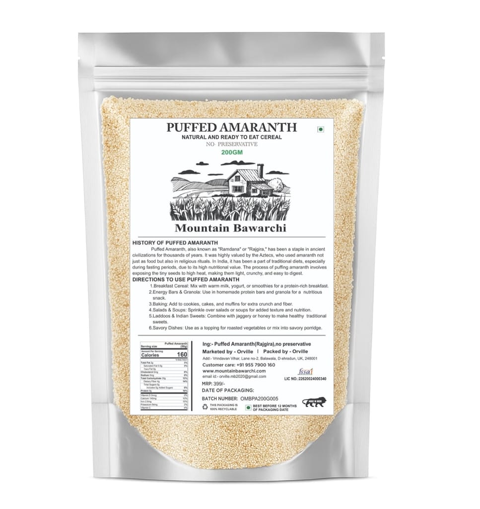 Mountain Bawarchi Puffed Amaranth 200g | Natural Gluten-Free Superfood | Ready-to-Eat Cereal | No Preservatives | Protein & Fiber Rich 