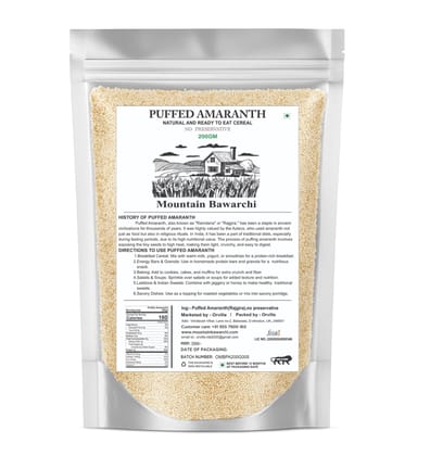 Mountain Bawarchi Puffed Amaranth 200g | Natural Gluten-Free Superfood | Ready-to-Eat Cereal | No Preservatives | Protein & Fiber Rich 