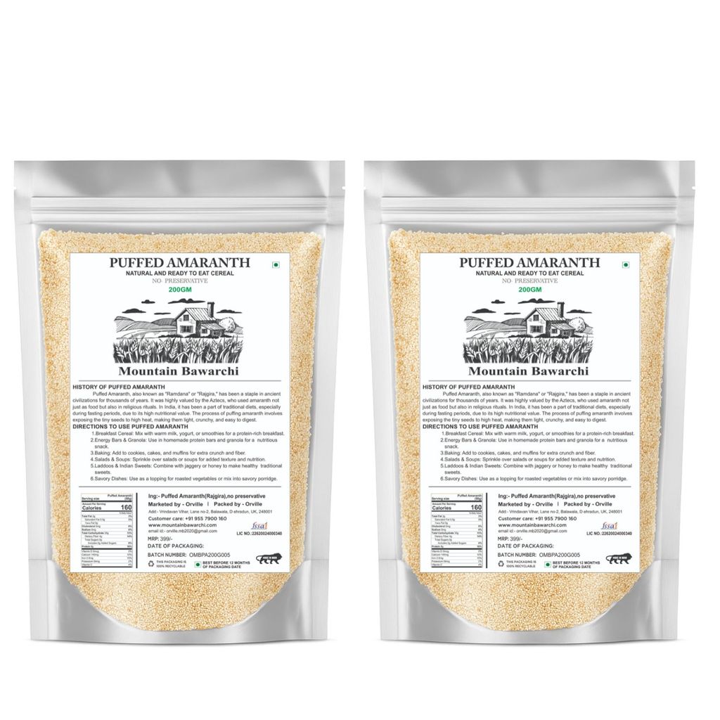 Mountain Bawarchi Puffed Amaranth 200g Pack of 2 | Natural Gluten-Free Superfood | Ready-to-Eat Cereal | No Preservatives | Protein & Fiber Rich | Pack of 2