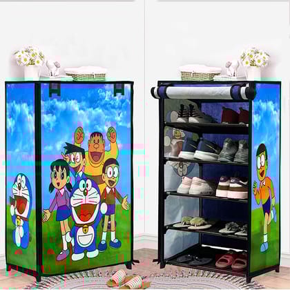Philoshop 5-Sheleves Durable Metal Frame Modular Shoe Rack with 100 GSM Fabric in Blue Unique Doraemon Cartoon Print