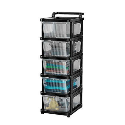 5 Layer Heavy Duty Plastic Storage Drawer with Wheels | Modular Cabinet for Bedroom, Office, Home | Chest of Drawers Organiser for Cosmetics, Kitchen items, Toys | Transparent Black