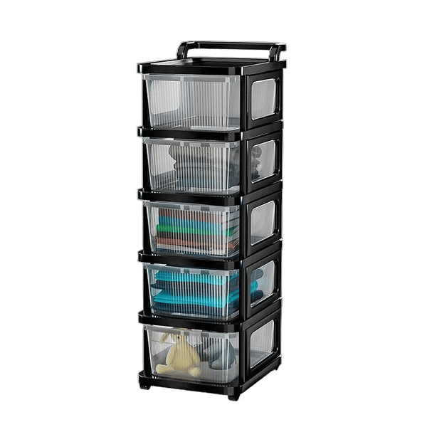 5 Layer Heavy Duty Plastic Storage Drawer with Wheels | Modular Cabinet for Bedroom, Office, Home | Chest of Drawers Organiser for Cosmetics, Kitchen items, Toys | Transparent Black