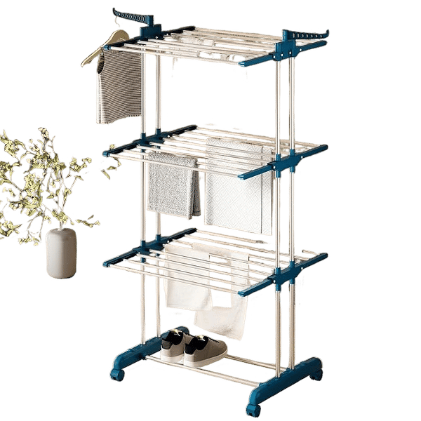 Basics Mild Steel Double Supported 3 Layer Cloth Drying Rack | Foldable and Movable | Silver & Teal | Iron, Plastic