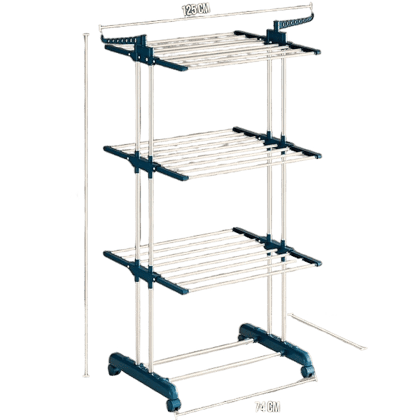 Basics Mild Steel Double Supported 3 Layer Cloth Drying Rack | Foldable and Movable | Silver & Teal | Iron, Plastic