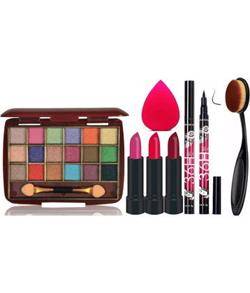 swenky eyeshadow with waterproof eyeliner lipstick beauty blender puff & oval brush (Pack of 8)