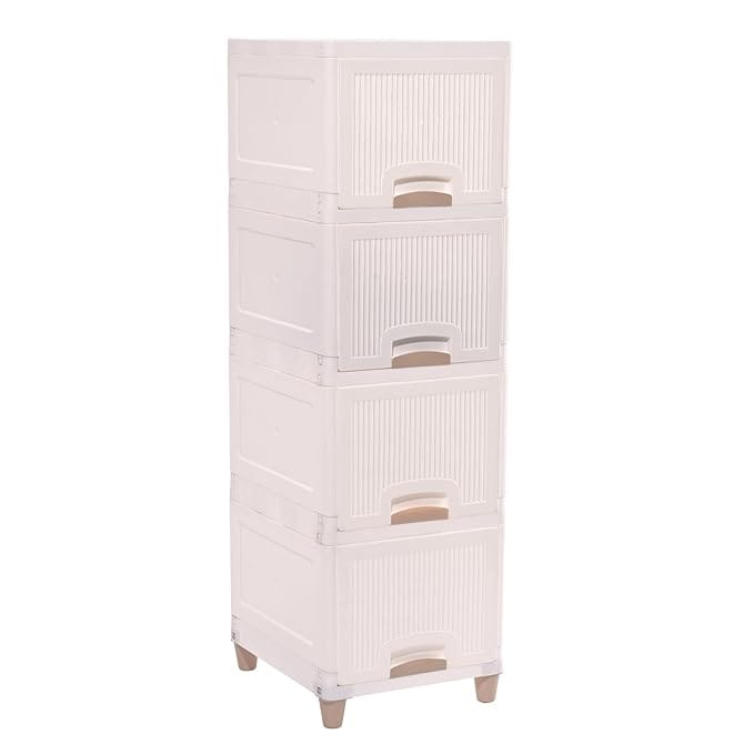 4 Units Modular Cabinet Storage Organizer | Foldable Kid Wardrobe for Cloth & Toys | Easy to Assemble Closet & Space-Saving Cupboard/Plastic Almirah for Cloth | White
