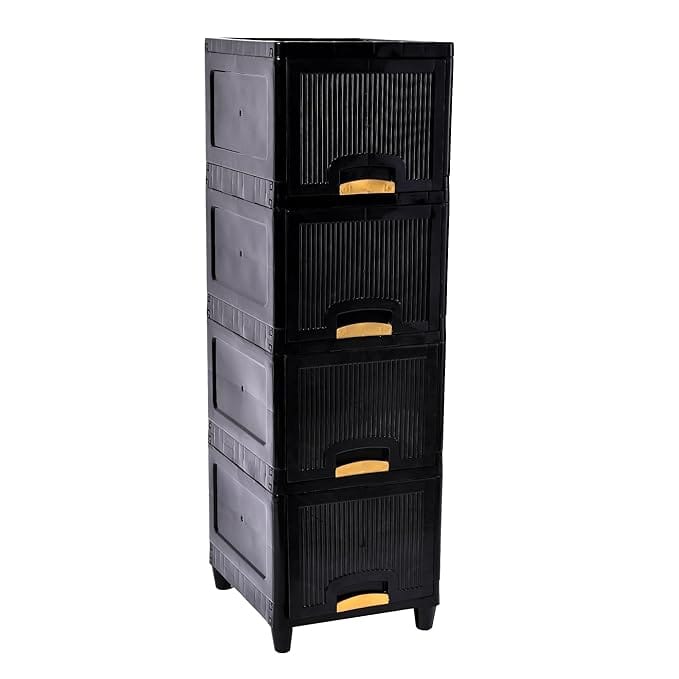 4 Units Modular Cabinet Storage Organizer | Foldable Kid Wardrobe for Cloth & Toys | Easy to Assemble Closet & Space-Saving Cupboard/Plastic Almirah for Cloth | Black
