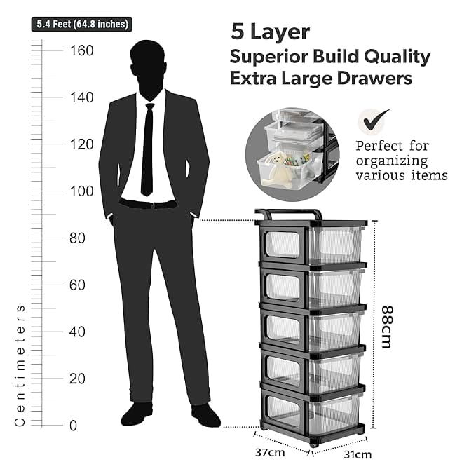 5 Layer Heavy Duty Plastic Storage Drawer with Wheels | Modular Cabinet for Bedroom, Office, Home | Chest of Drawers Organiser for Cosmetics, Kitchen items, Toys | Transparent Black