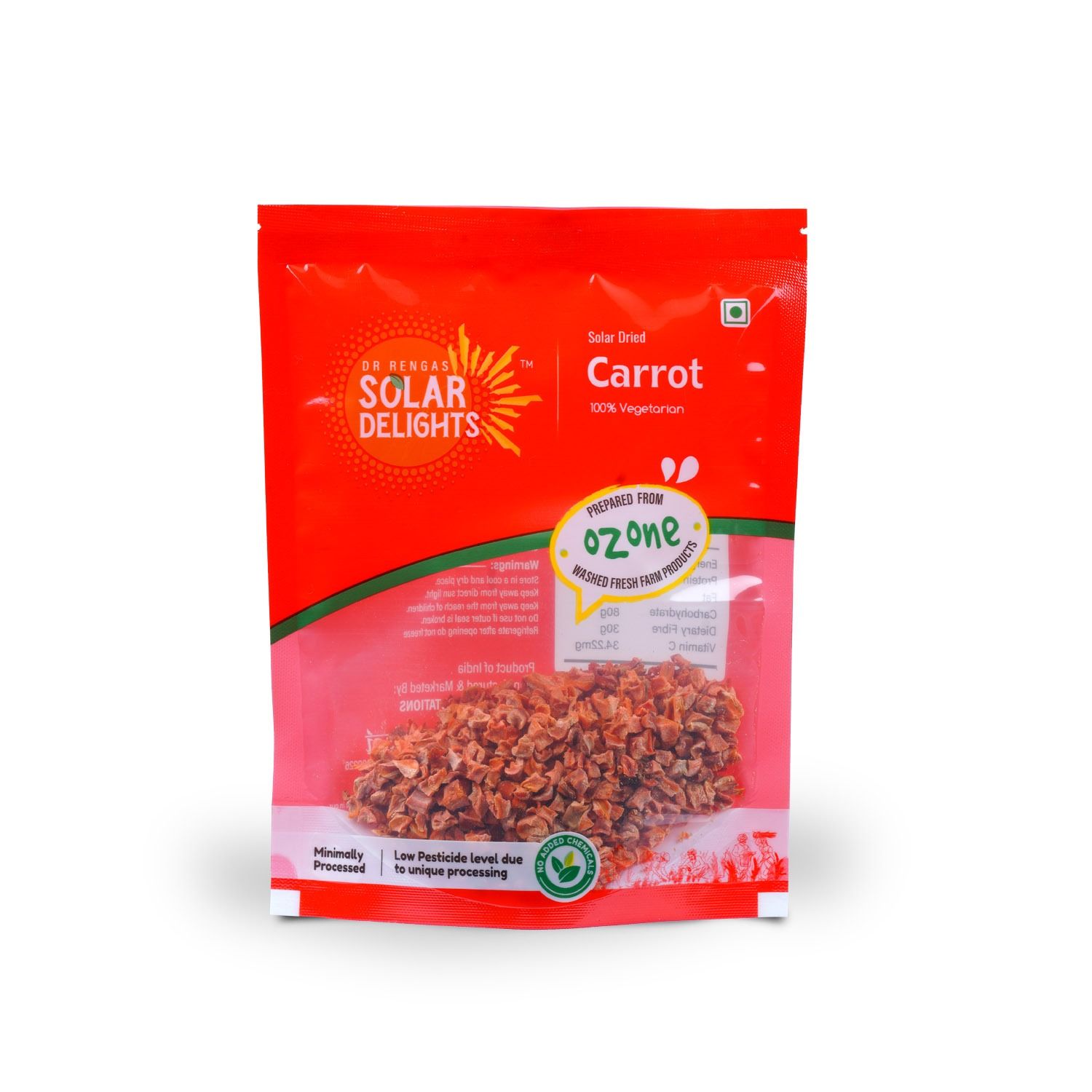 Solar Dried Carrot Pieces 100g | Natural Dehydrated Vegetables | Ozone-Washed, Preservative-Free | Rich in Beta-Carotene & Fibre | Ready to Cook for Soups, Curries, Rice & Travel - Dr. Renga’s Solar Delights
