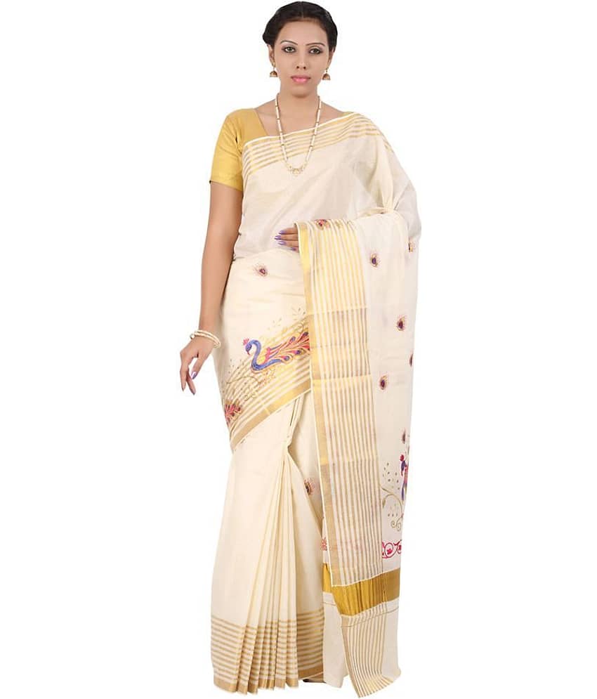 RSV FABRICS Kerela Cotton Saree With Unstitched Blouse Piece ( White,Beige )