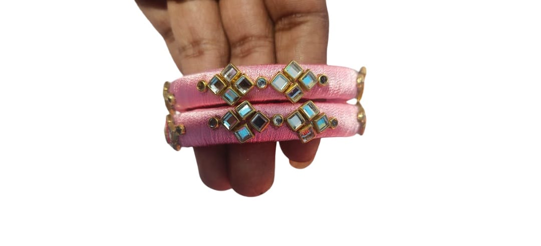 Pink Silk Thread Bangles with Mirror & Stone Embellishments