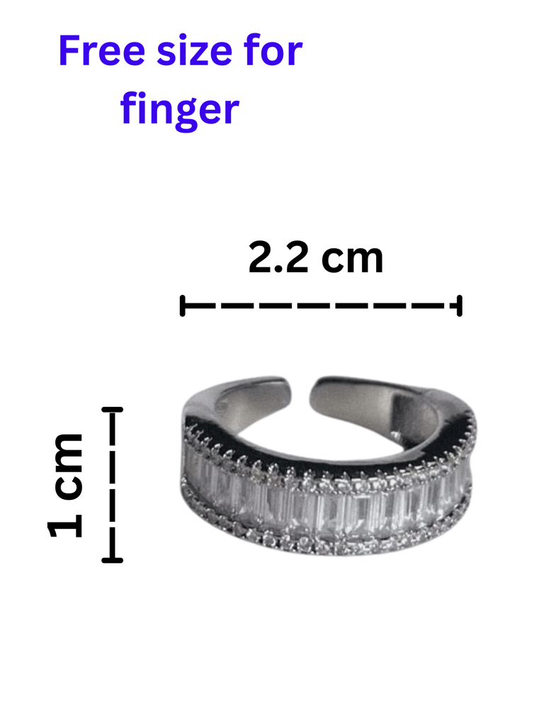 Luxurious Adjustable Silver Band Ring with Baguette and Round CZ Stones
