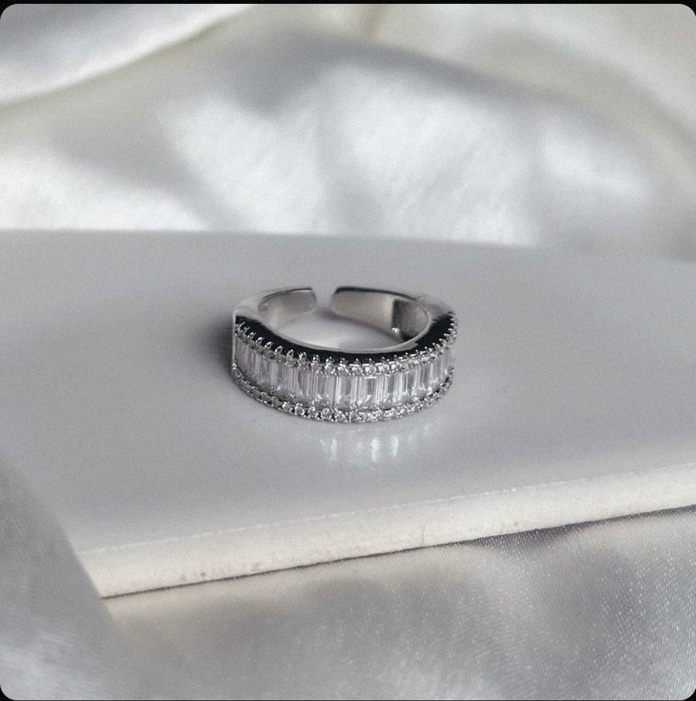 Luxurious Adjustable Silver Band Ring with Baguette and Round CZ Stones