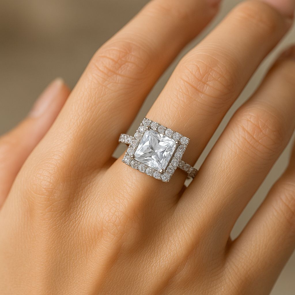 Princess-Cut Solitaire Ring with Double Halo Setting – Silver Finish