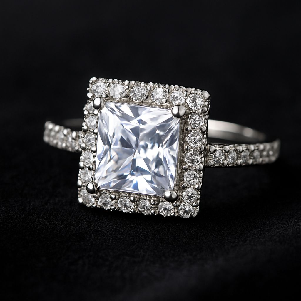 Princess-Cut Solitaire Ring with Double Halo Setting – Silver Finish
