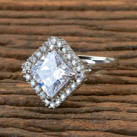 Princess-Cut Solitaire Ring with Double Halo Setting – Silver Finish