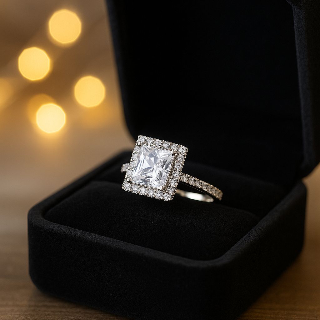 Princess-Cut Solitaire Ring with Double Halo Setting – Silver Finish