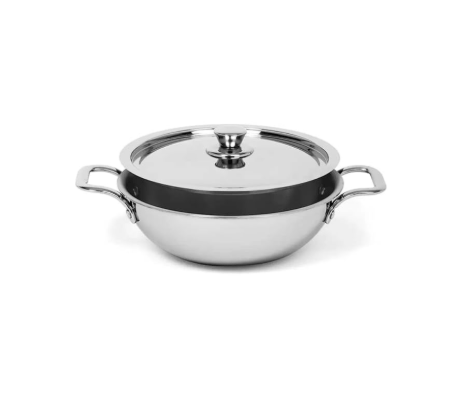 WEKTU Triply Kadhai, Stainless Steel, 4.5 L, Silver, Medium, Uncoated, 28 cm Diameter, with Lid