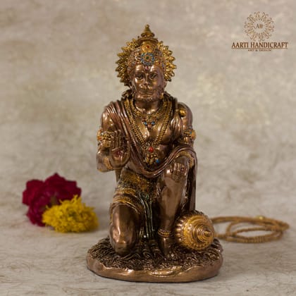 Blessing Hanuman | Sitting Posture | Resin-7.5 Inches / Resin (Marble Dust) / Antique