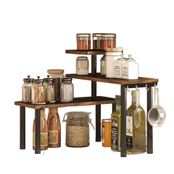 Stylish Wooden Rack for Kitchen Storage, Corner Shelf for Kitchen, Organizer Rack, 3 Tier Spice, Oil Stand, Tabletop Adjustable Rack for Makeup, Office (Rustic Brown, 3 Tier)