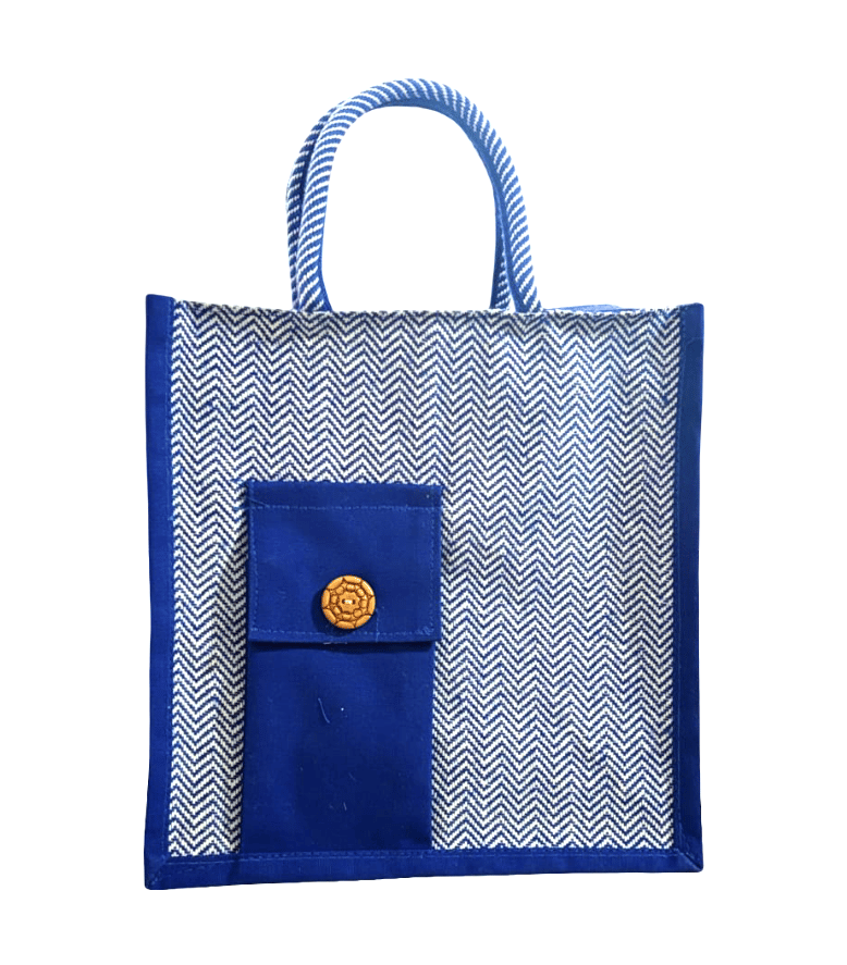 Blue & White Herringbone Pattern Tote Bag with Wooden Button
