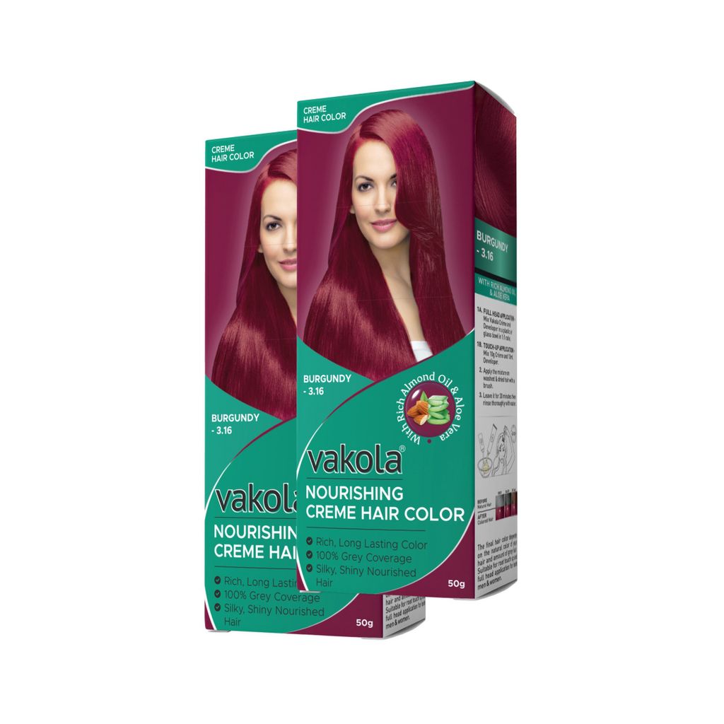 Vakola Hair Color Cream 100ml - Burgundy | Long Lasting Grey Coverage | With Almond Oil & Aloe Vera | Nourishing Permanent Hair Dye