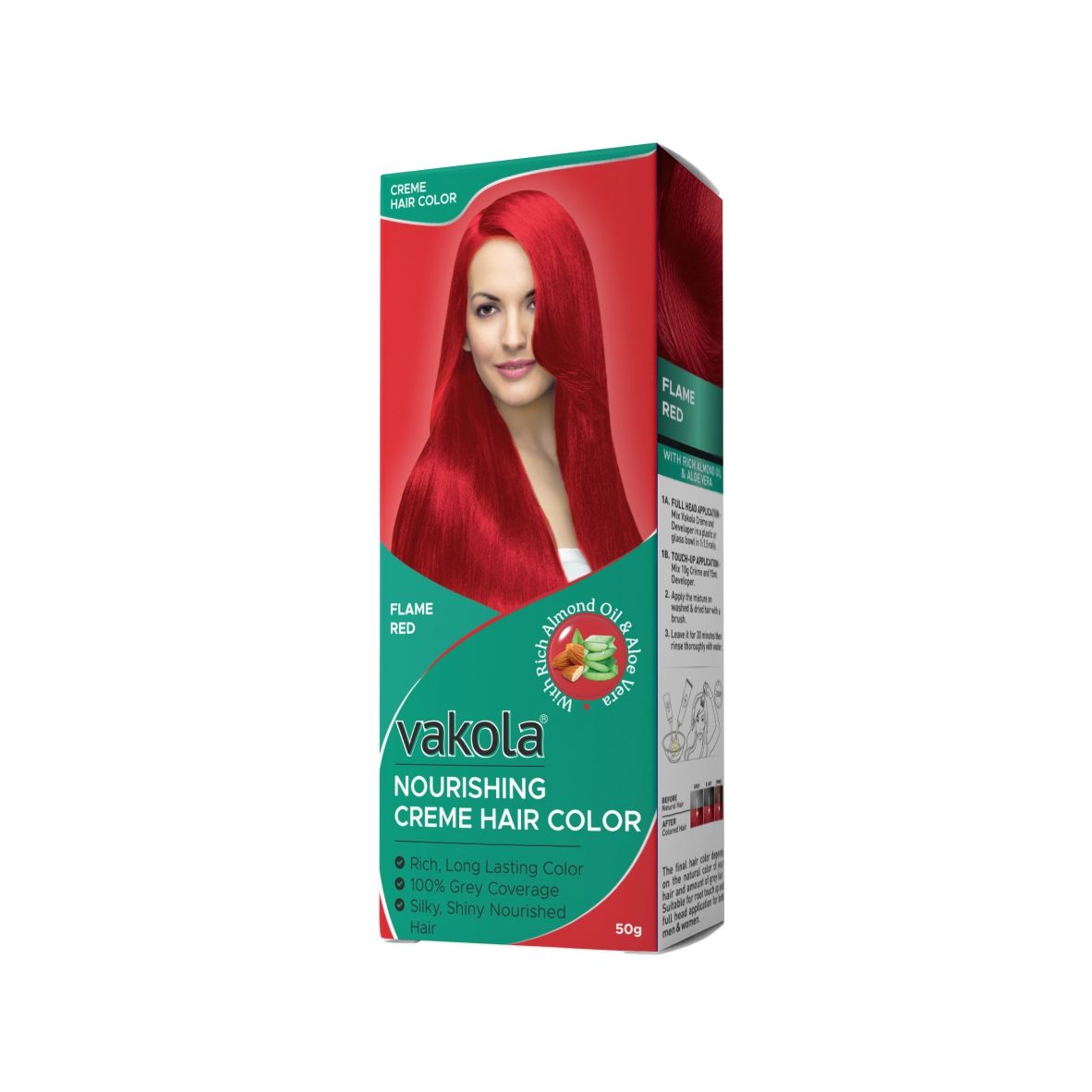 Vakola Permanent Hair Color - Flame Red, 100ml | 100% Grey Coverage | With Almond Oil & Aloe Vera | Smooth & Long-Lasting Shine