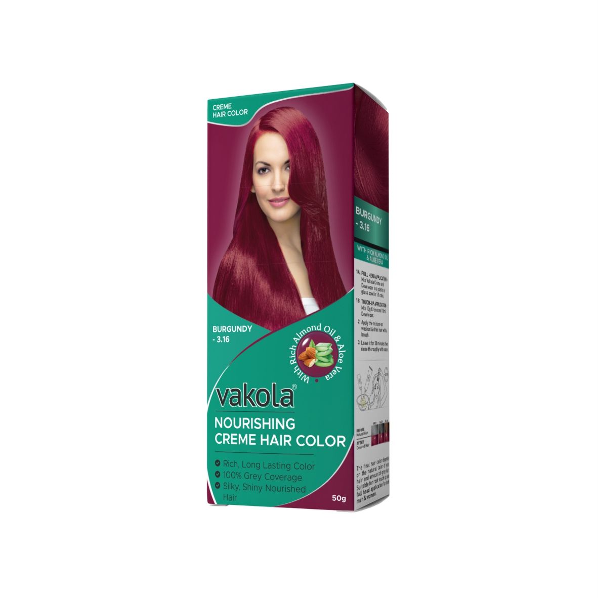 Vakola Hair Color Cream 100ml - Burgundy | Long Lasting Grey Coverage | With Almond Oil & Aloe Vera | Nourishing Permanent Hair Dye