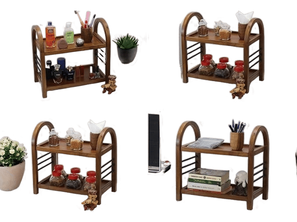 Wooden Organizer Rack Stand for Kitchen, Bathroom, Countertop & Office | Mango Wood & Iron Storage Shelf with Dual Shelves for Spices, Toiletries, Books & Decor | 45.5 x 27 x 45 cm