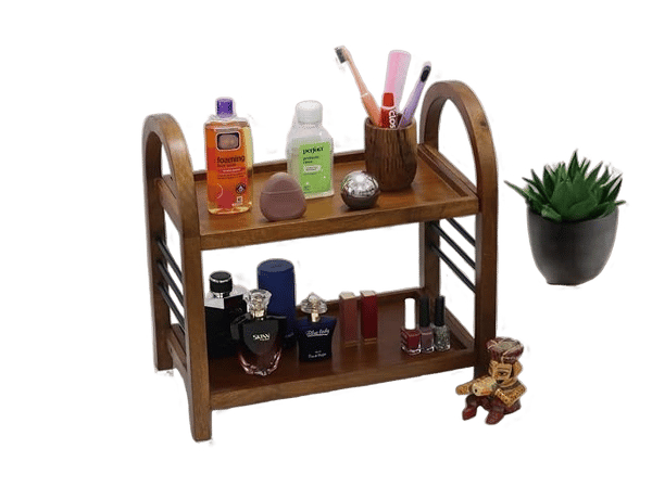 Wooden Organizer Rack Stand for Kitchen, Bathroom, Countertop & Office | Mango Wood & Iron Storage Shelf with Dual Shelves for Spices, Toiletries, Books & Decor | 45.5 x 27 x 45 cm