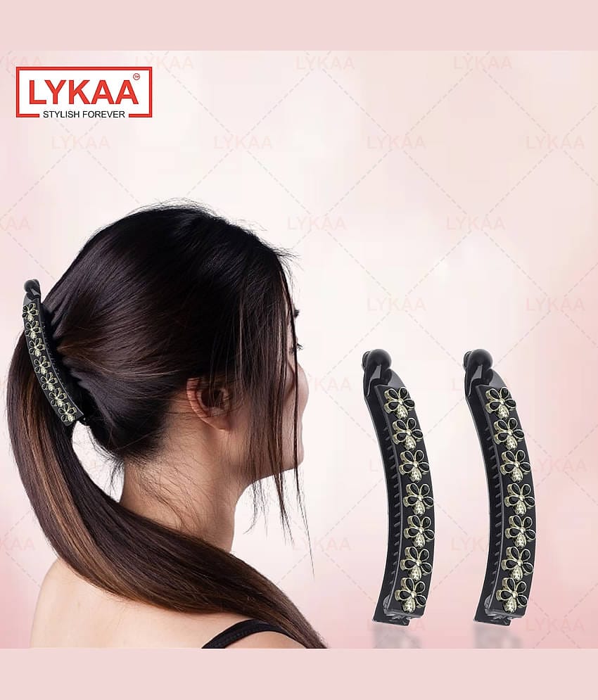 Lykaa Acrylic Plastic Banana Clip With Flowers, Korean Hair Claw For Women (Pack of 2) Black