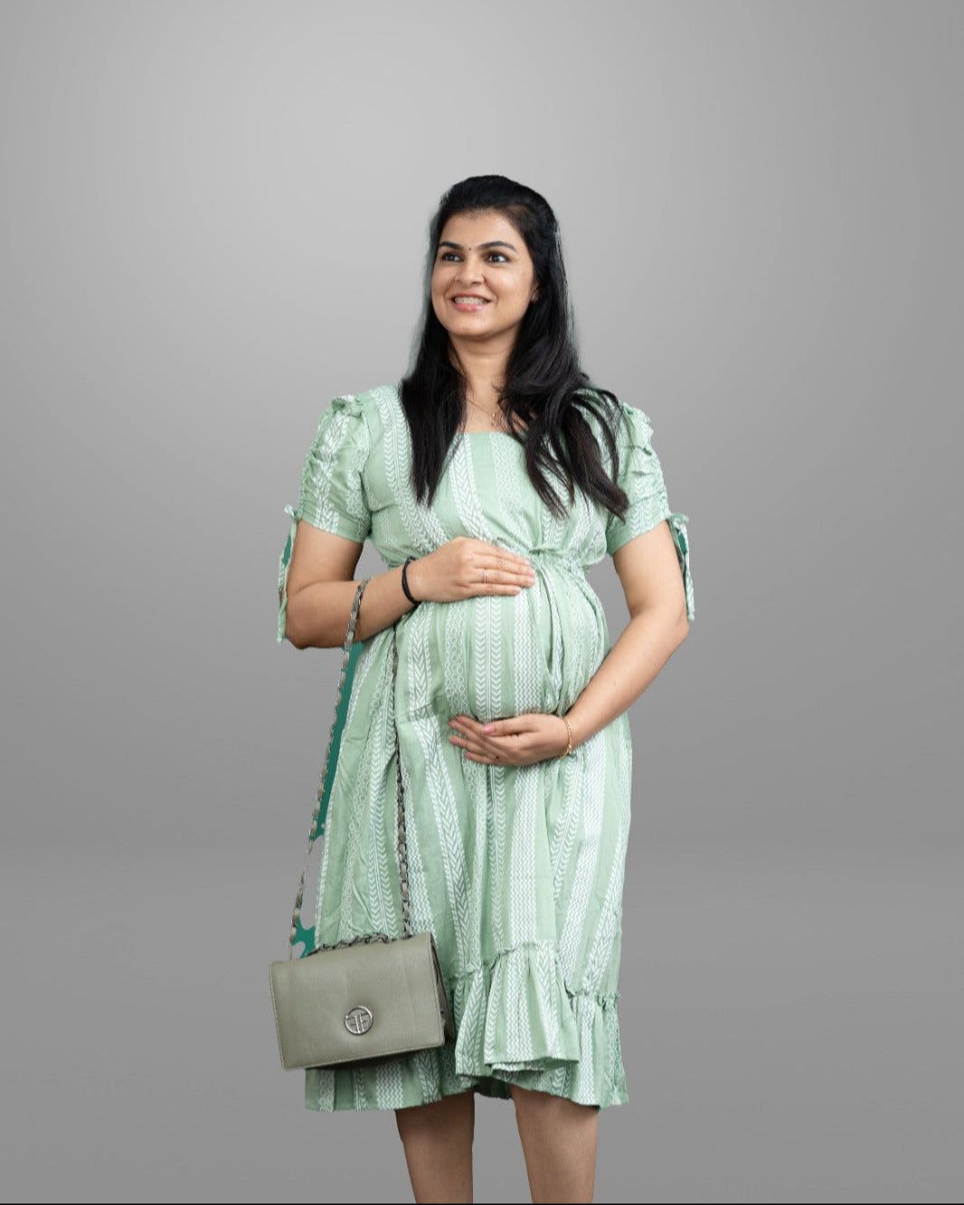 Pastel green white printed dress with adjustable waist band - Short Sleeve