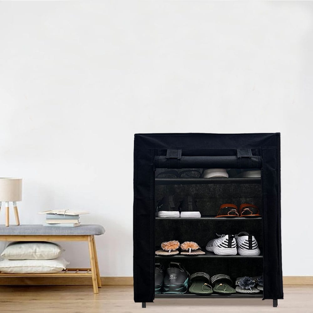 PHILOSHOP 4-Tier Metal Shoe Rack with Dustproof Cover – Black, Space-Saving Storage Organizer for Entryway