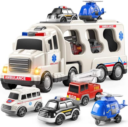 KTRS Enterprise 5-in-1 Emergency Rescue Vehicle Toy Set for Toddlers Plastic Fire Truck Ambulance Police Car Helicopter & Friction Cars