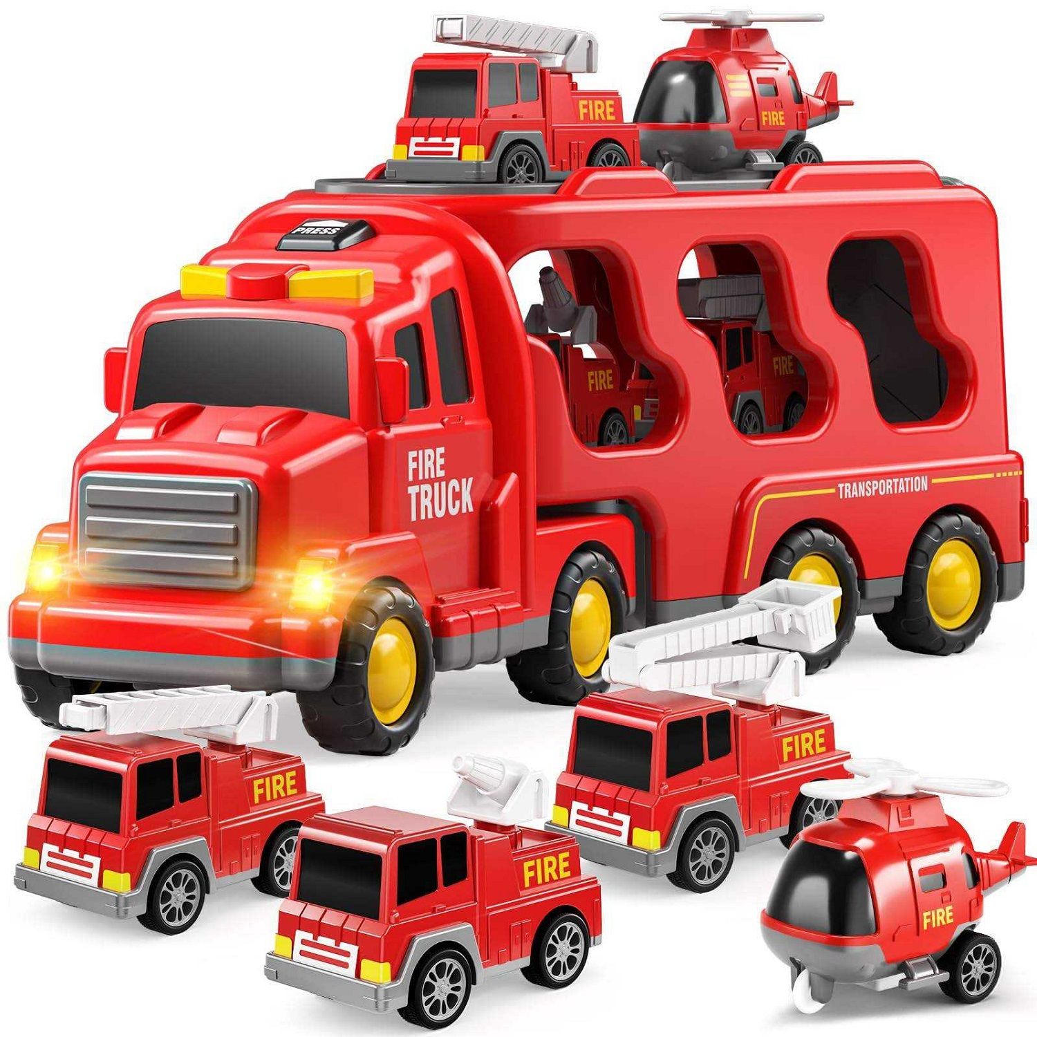 KTRS Enterprise 5 in 1 Inertial Double-Deck Engineering Transport Truck Toy Kids Friction Power Fire Carrier Truck with 4pcs Mini Fire Vehicles