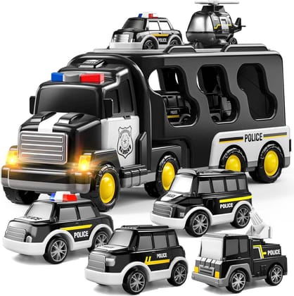 KTRS Enterprise 5 in 1 Inertial Double-Deck Police Vehicle Toy Toddler Friction Power Transport Truck Police Carrier Truck Toy with Lights Music