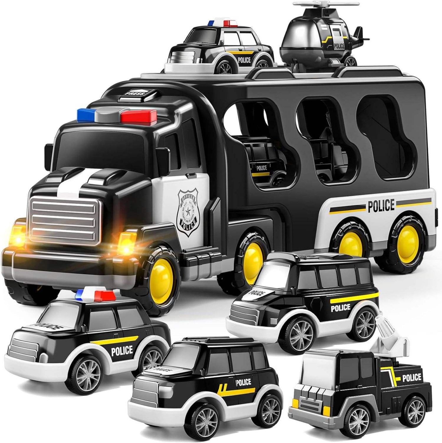 KTRS Enterprise 5 in 1 Inertial Double-Deck Police Vehicle Toy Toddler Friction Power Transport Truck Police Carrier Truck Toy with Lights Music