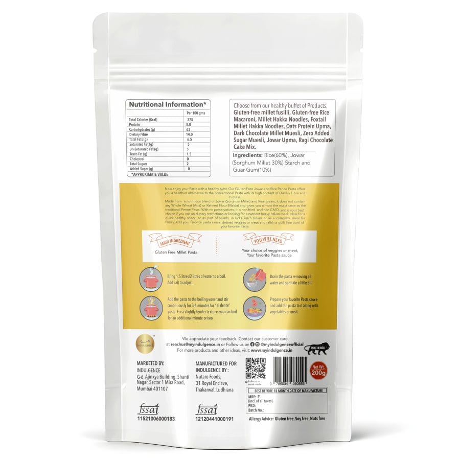 Gluten Free Jowar & Rice Penne Pasta Pack of 2 (400 gms) - Wheat Free, Vegan